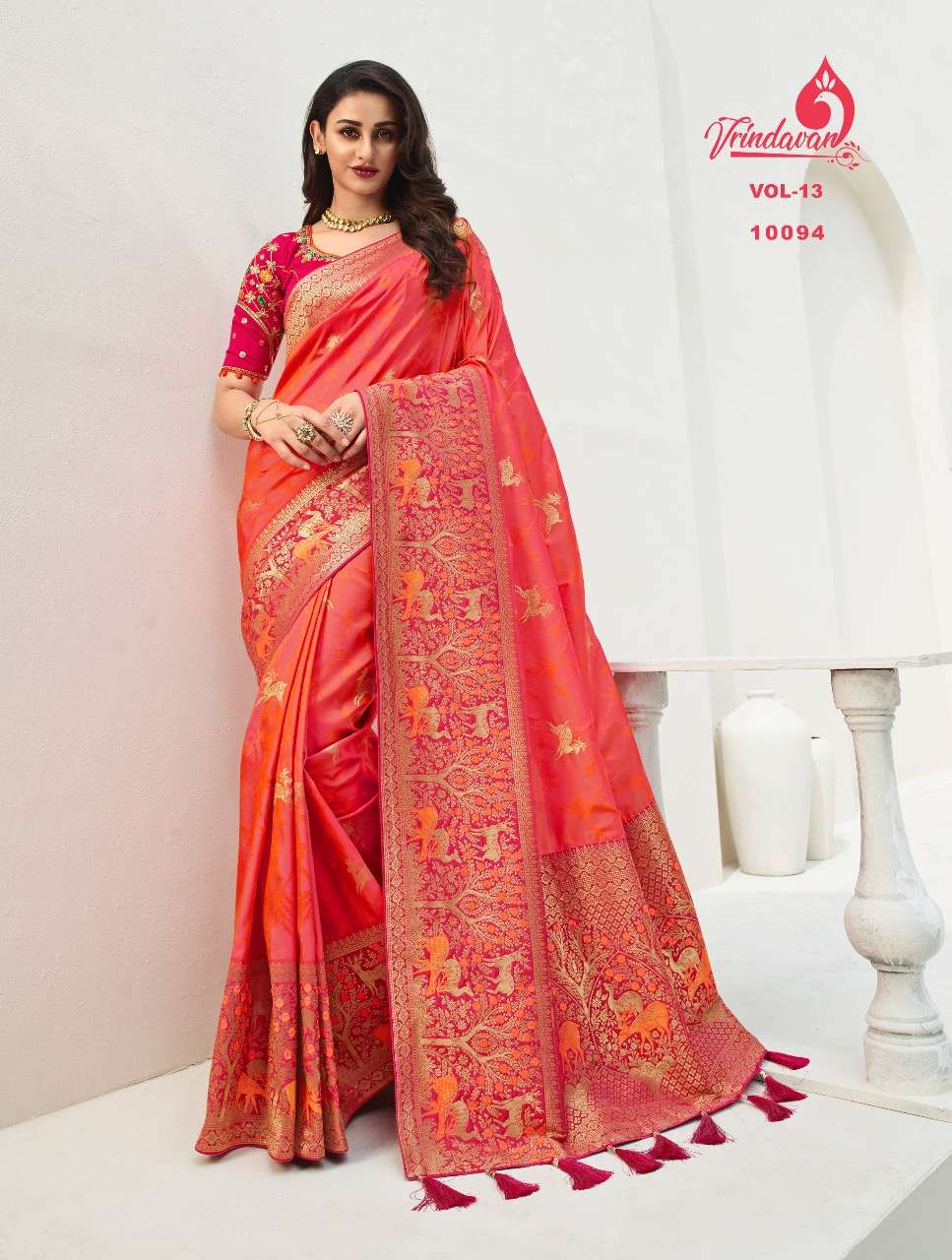 VRINDAVAN VOL-13 BY VRINDAVAN 10088 TO 10102 SERIES INDIAN TRADITIONAL WEAR COLLECTION BEAUTIFUL STYLISH FANCY COLORFUL PARTY WEAR & OCCASIONAL WEAR FANCY SAREES AT WHOLESALE PRICE