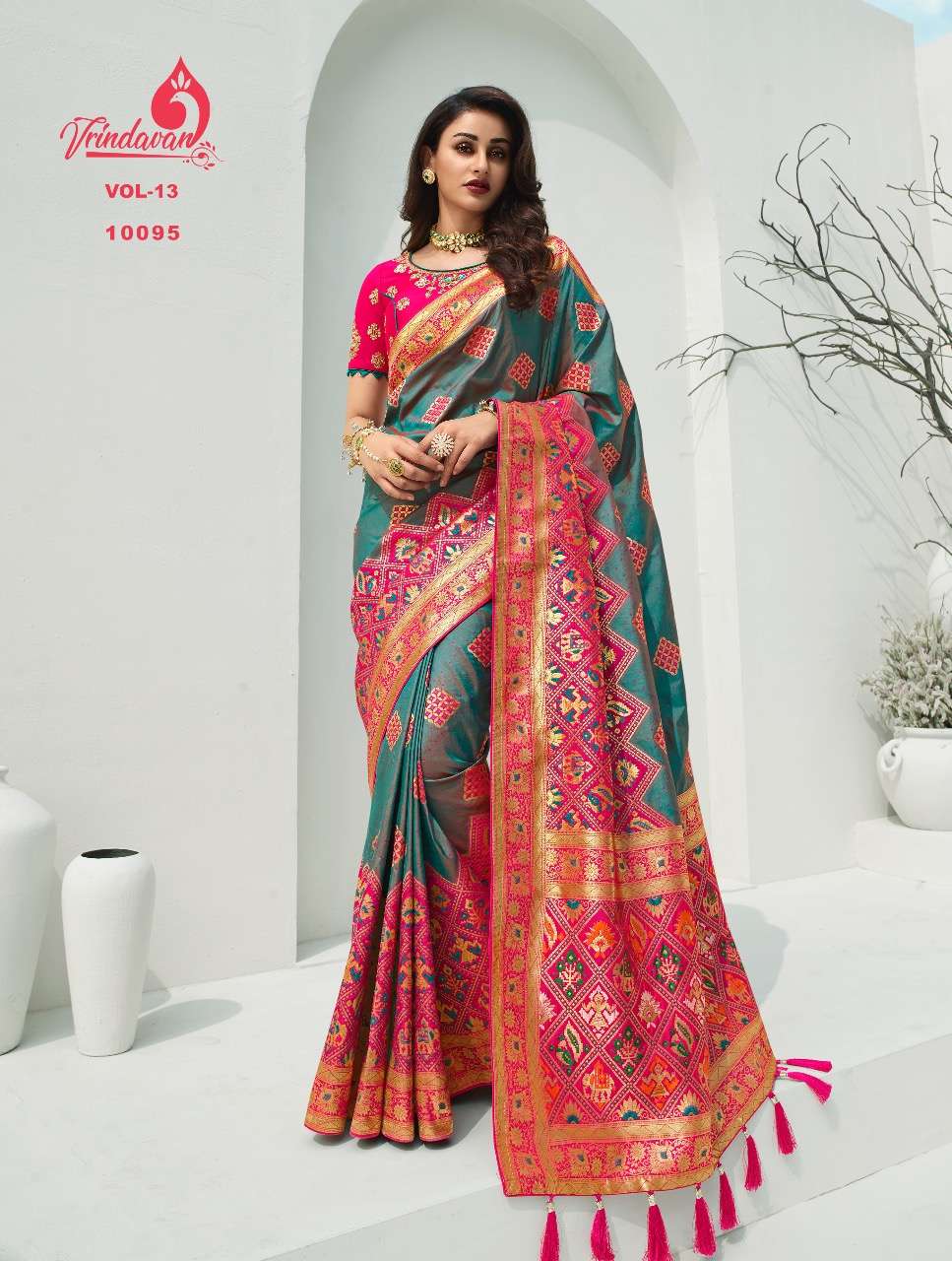 VRINDAVAN VOL-13 BY VRINDAVAN 10088 TO 10102 SERIES INDIAN TRADITIONAL WEAR COLLECTION BEAUTIFUL STYLISH FANCY COLORFUL PARTY WEAR & OCCASIONAL WEAR FANCY SAREES AT WHOLESALE PRICE
