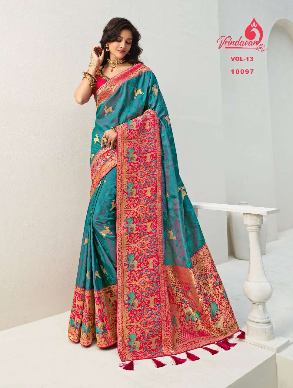 VRINDAVAN VOL-13 BY VRINDAVAN 10088 TO 10102 SERIES INDIAN TRADITIONAL WEAR COLLECTION BEAUTIFUL STYLISH FANCY COLORFUL PARTY WEAR & OCCASIONAL WEAR FANCY SAREES AT WHOLESALE PRICE