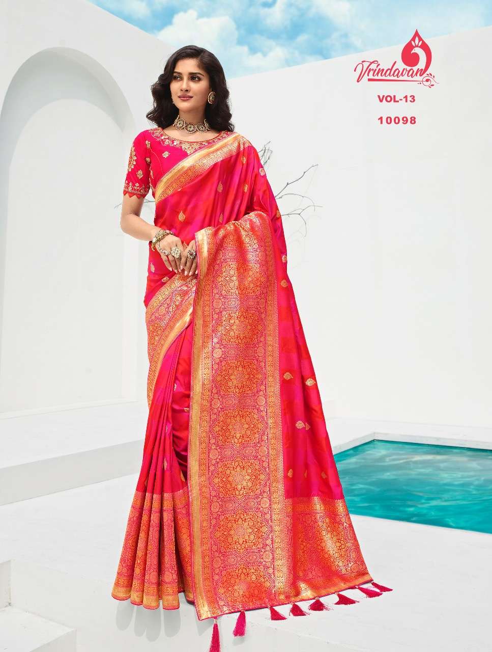 VRINDAVAN VOL-13 BY VRINDAVAN 10088 TO 10102 SERIES INDIAN TRADITIONAL WEAR COLLECTION BEAUTIFUL STYLISH FANCY COLORFUL PARTY WEAR & OCCASIONAL WEAR FANCY SAREES AT WHOLESALE PRICE