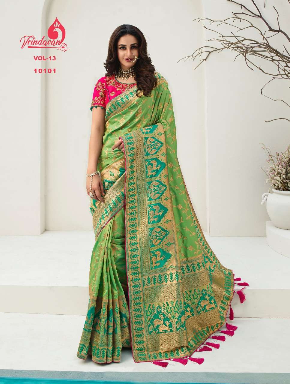 VRINDAVAN VOL-13 BY VRINDAVAN 10088 TO 10102 SERIES INDIAN TRADITIONAL WEAR COLLECTION BEAUTIFUL STYLISH FANCY COLORFUL PARTY WEAR & OCCASIONAL WEAR FANCY SAREES AT WHOLESALE PRICE