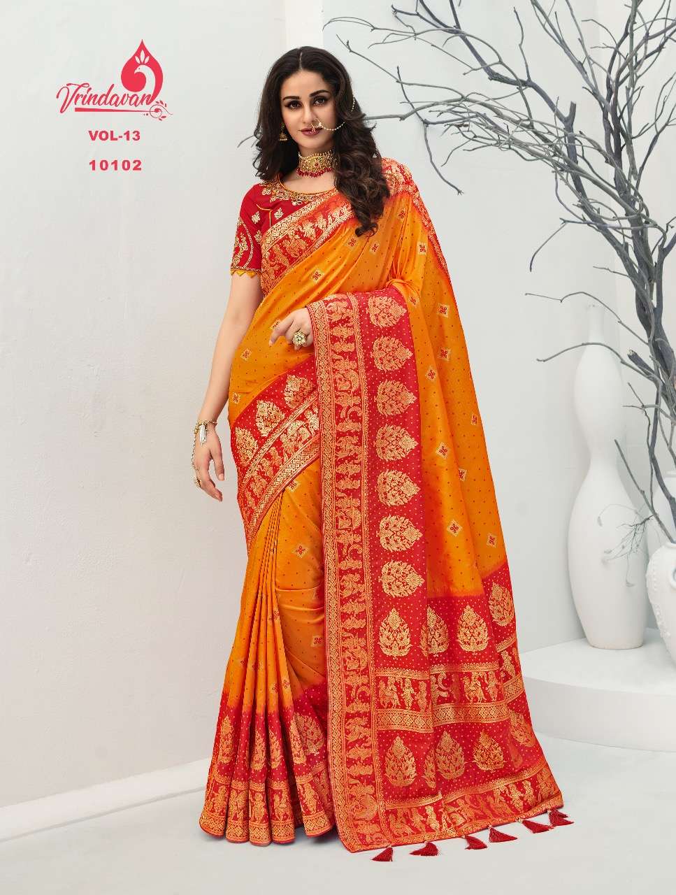 VRINDAVAN VOL-13 BY VRINDAVAN 10088 TO 10102 SERIES INDIAN TRADITIONAL WEAR COLLECTION BEAUTIFUL STYLISH FANCY COLORFUL PARTY WEAR & OCCASIONAL WEAR FANCY SAREES AT WHOLESALE PRICE