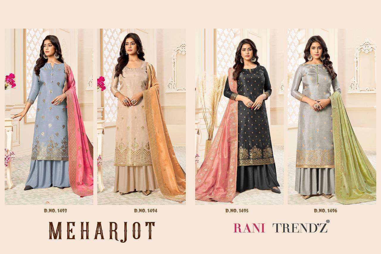MEHARJOT BY RANI TRENDZ 1493 TO 1496 SERIES BEAUTIFUL SUITS COLORFUL STYLISH FANCY CASUAL WEAR & ETHNIC WEAR PURE RUSSIAN DRESSES AT WHOLESALE PRICE