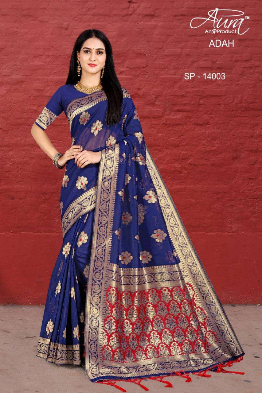 ADAH BY AURA 14001 TO 14007 SERIES INDIAN TRADITIONAL WEAR COLLECTION BEAUTIFUL STYLISH FANCY COLORFUL PARTY WEAR & OCCASIONAL WEAR KICHA SILK SAREES AT WHOLESALE PRICE