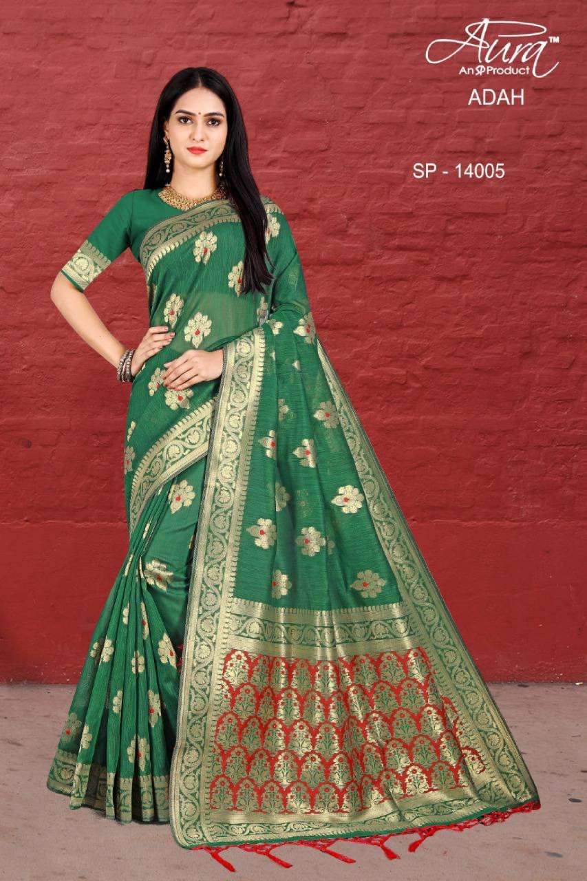 ADAH BY AURA 14001 TO 14007 SERIES INDIAN TRADITIONAL WEAR COLLECTION BEAUTIFUL STYLISH FANCY COLORFUL PARTY WEAR & OCCASIONAL WEAR KICHA SILK SAREES AT WHOLESALE PRICE