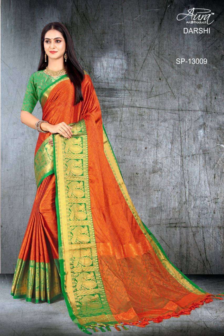 DARSHI BY AURA 13001 TO 13011 SERIES INDIAN TRADITIONAL WEAR COLLECTION BEAUTIFUL STYLISH FANCY COLORFUL PARTY WEAR & OCCASIONAL WEAR SILK SAREES AT WHOLESALE PRICE