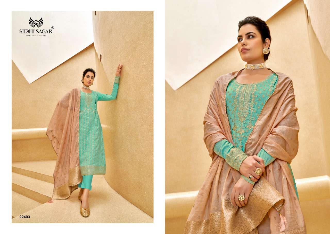 OLOVIA BY SIDDHI SAGAR 22401 TO 22406 SERIES BEAUTIFUL STYLISH SUITS FANCY COLORFUL CASUAL WEAR & ETHNIC WEAR & READY TO WEAR PURE BANARASI SILK JACQUARD DRESSES AT WHOLESALE PRICE