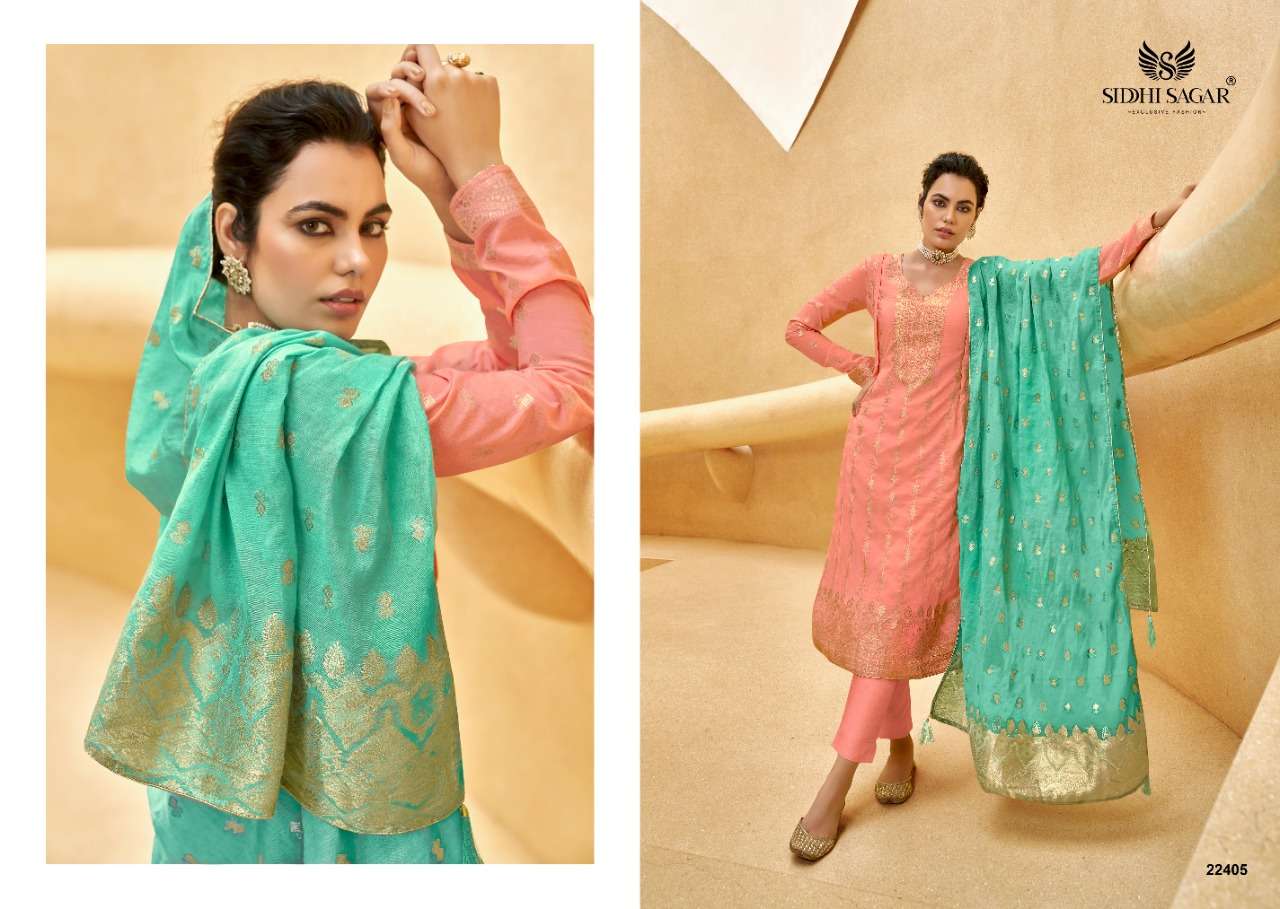 OLOVIA BY SIDDHI SAGAR 22401 TO 22406 SERIES BEAUTIFUL STYLISH SUITS FANCY COLORFUL CASUAL WEAR & ETHNIC WEAR & READY TO WEAR PURE BANARASI SILK JACQUARD DRESSES AT WHOLESALE PRICE
