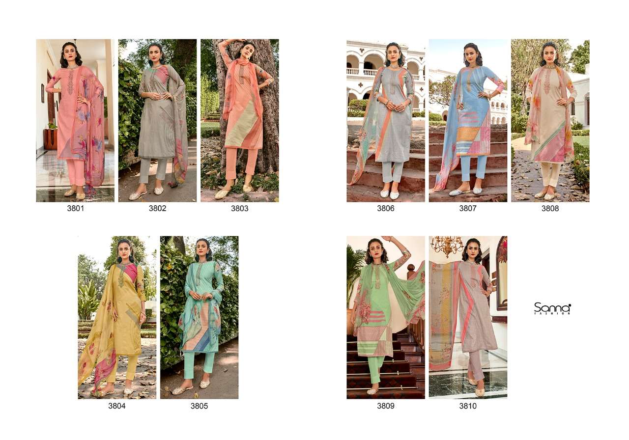 AKSHA BY SANNA FASHION 3801 TO 3810 SERIES BEAUTIFUL SUITS COLORFUL STYLISH FANCY CASUAL WEAR & ETHNIC WEAR PURE COTTON LAWN DIGITAL PRINT WITH FANCY WORK DRESSES AT WHOLESALE PRICE