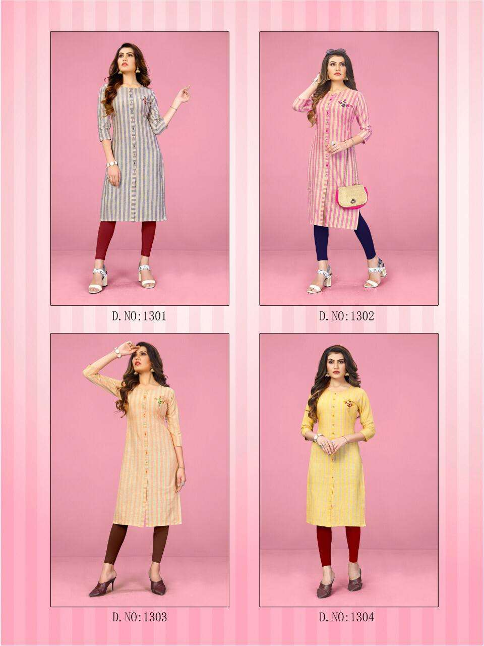 COCKTAIL BY KRISHA EXPORT 1301 TO 1304 SERIES STYLISH FANCY BEAUTIFUL COLORFUL CASUAL WEAR & WEAVING STRIPES KURTIS AT WHOLESALE PRICE