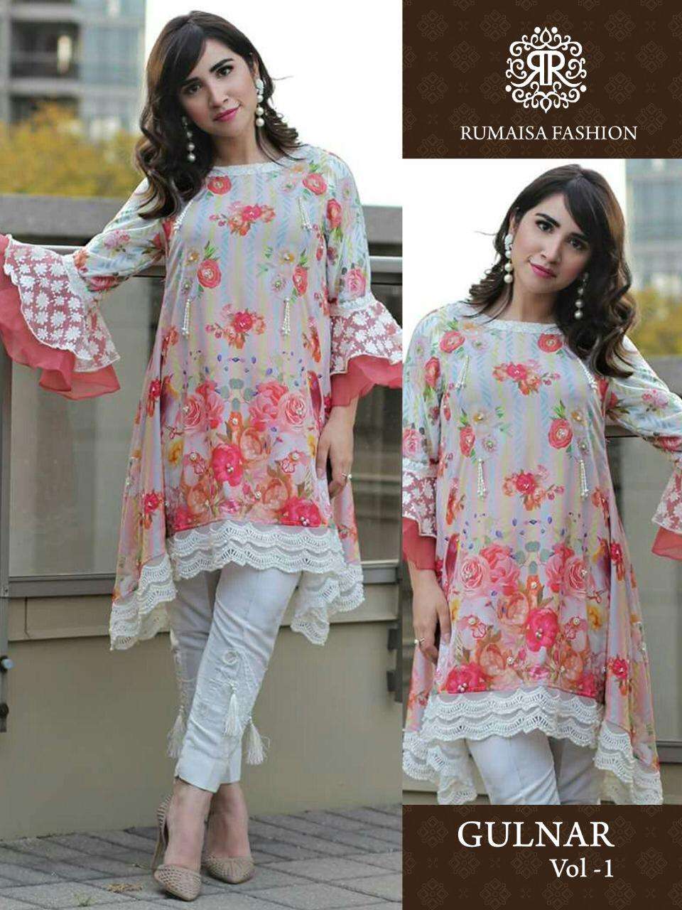 GULNAR VOL-1 BY RUMAISHA FASHION DESIGNER STYLISH FANCY COLORFUL BEAUTIFUL PARTY WEAR & ETHNIC WEAR COLLECTION JAPAN SATIN DIGITAL KURTIS WITH BOTTOM AT WHOLESALE PRICE