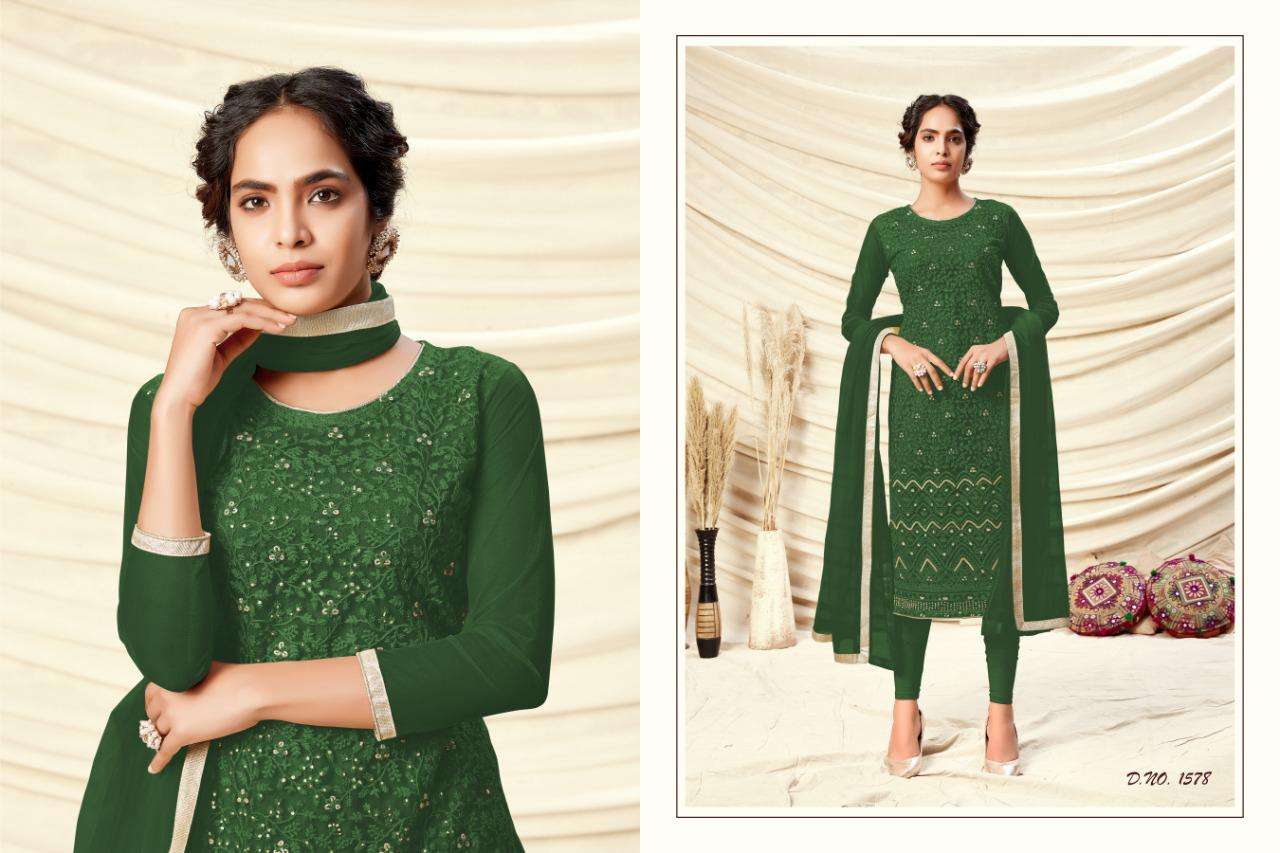NOORJANHA BY RANI TRENDZ 1572 TO 1579 SERIES BEAUTIFUL SUITS COLORFUL STYLISH FANCY CASUAL WEAR & ETHNIC WEAR HEAVY BUTTERFLY NET THREAD WORK DRESSES AT WHOLESALE PRICE