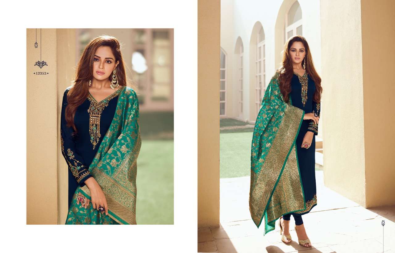 ZISA BANARASI VOL-10 BY MEERA TRENDZ 12351 TO 12358 SERIES BEAUTIFUL SUITS COLORFUL STYLISH FANCY CASUAL WEAR & ETHNIC WEAR SATIN GEORGETTE EMBROIDERED DRESSES AT WHOLESALE PRICE