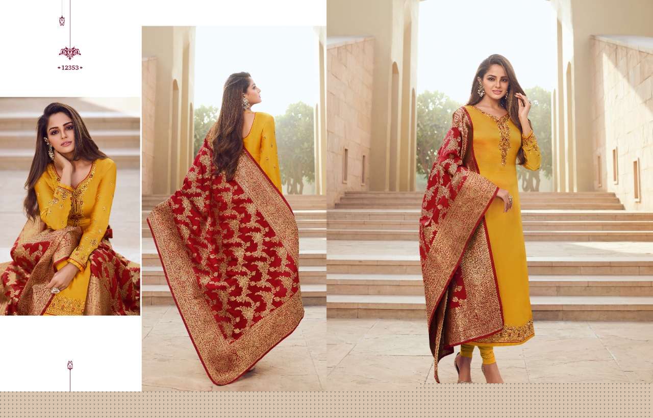ZISA BANARASI VOL-10 BY MEERA TRENDZ 12351 TO 12358 SERIES BEAUTIFUL SUITS COLORFUL STYLISH FANCY CASUAL WEAR & ETHNIC WEAR SATIN GEORGETTE EMBROIDERED DRESSES AT WHOLESALE PRICE