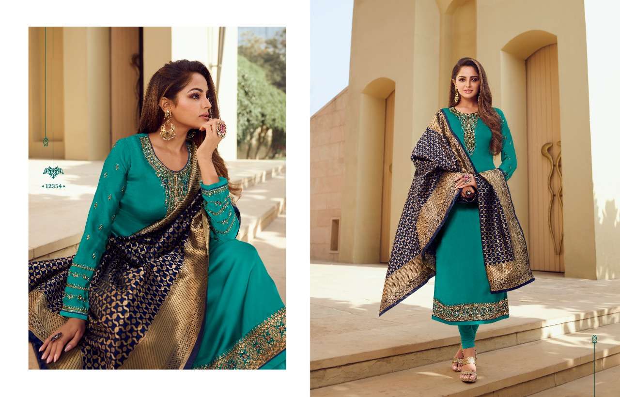 ZISA BANARASI VOL-10 BY MEERA TRENDZ 12351 TO 12358 SERIES BEAUTIFUL SUITS COLORFUL STYLISH FANCY CASUAL WEAR & ETHNIC WEAR SATIN GEORGETTE EMBROIDERED DRESSES AT WHOLESALE PRICE