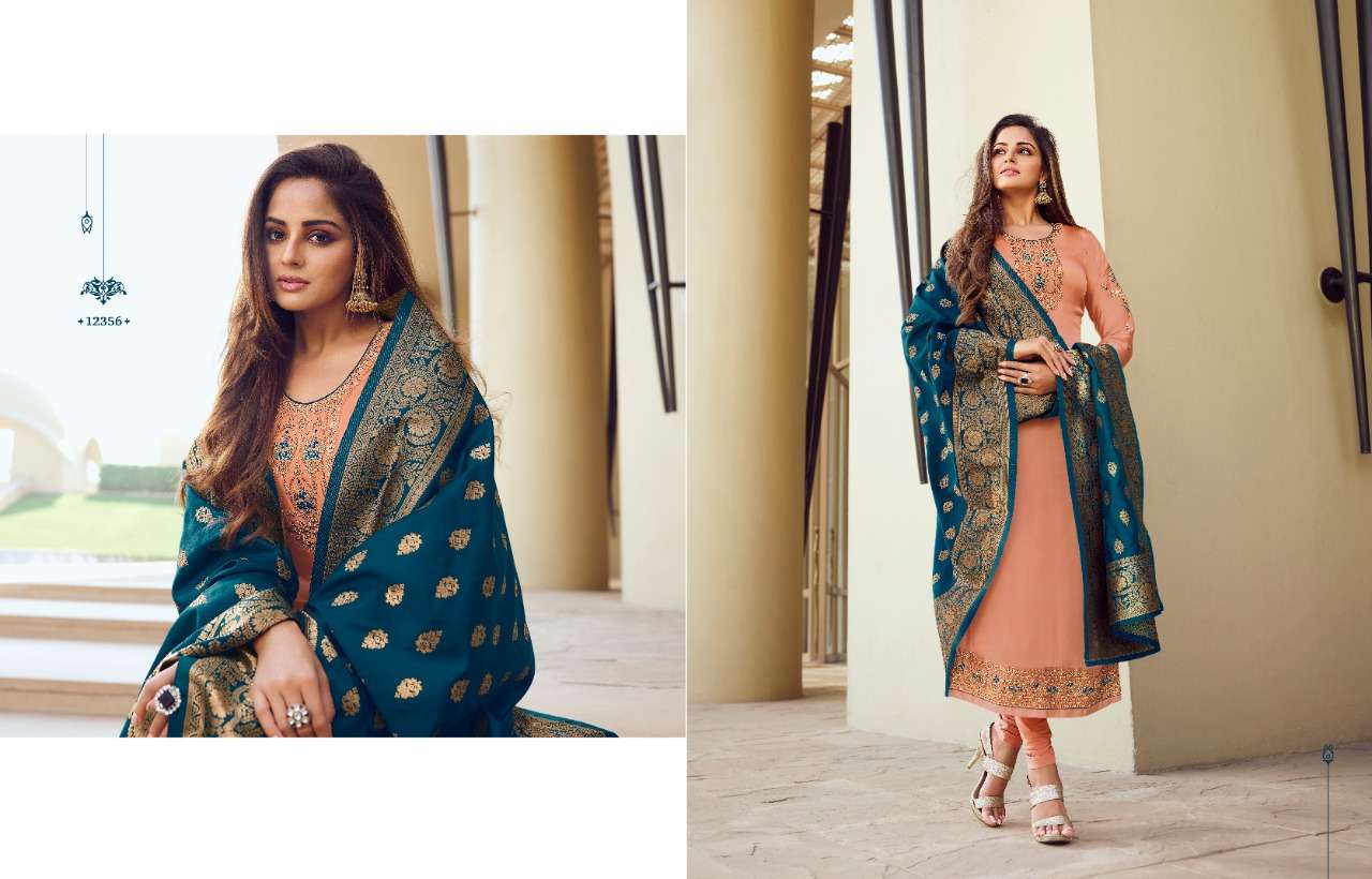 ZISA BANARASI VOL-10 BY MEERA TRENDZ 12351 TO 12358 SERIES BEAUTIFUL SUITS COLORFUL STYLISH FANCY CASUAL WEAR & ETHNIC WEAR SATIN GEORGETTE EMBROIDERED DRESSES AT WHOLESALE PRICE