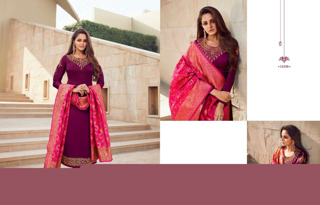 ZISA BANARASI VOL-10 BY MEERA TRENDZ 12351 TO 12358 SERIES BEAUTIFUL SUITS COLORFUL STYLISH FANCY CASUAL WEAR & ETHNIC WEAR SATIN GEORGETTE EMBROIDERED DRESSES AT WHOLESALE PRICE