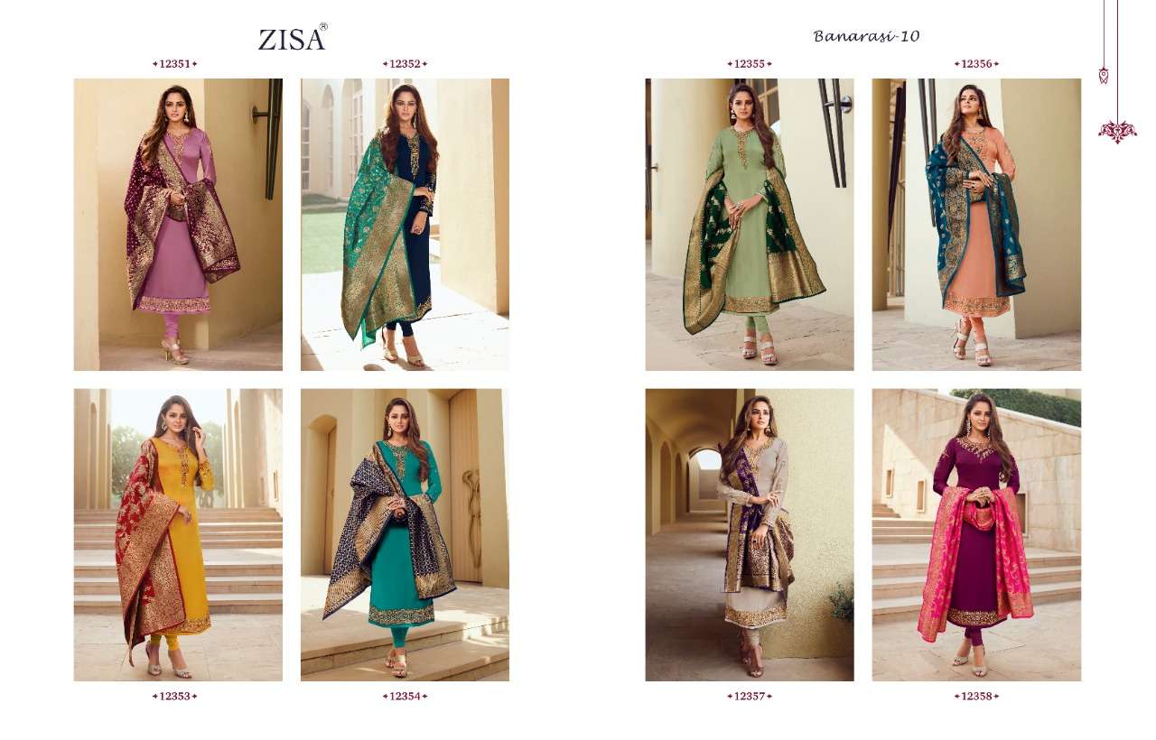 ZISA BANARASI VOL-10 BY MEERA TRENDZ 12351 TO 12358 SERIES BEAUTIFUL SUITS COLORFUL STYLISH FANCY CASUAL WEAR & ETHNIC WEAR SATIN GEORGETTE EMBROIDERED DRESSES AT WHOLESALE PRICE