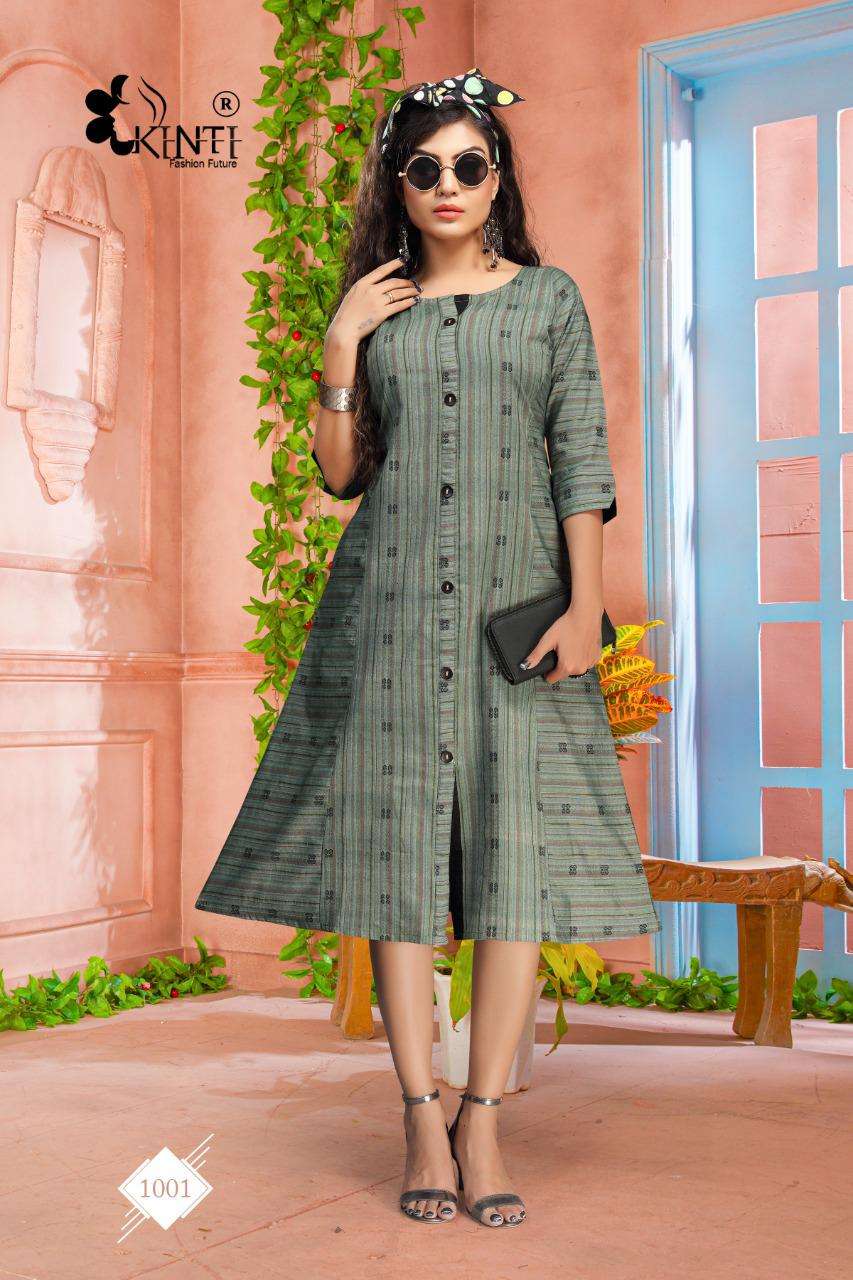 BLUE HEELS BY KINTI 1001 TO 1008 SERIES DESIGNER STYLISH FANCY COLORFUL BEAUTIFUL PARTY WEAR & ETHNIC WEAR COLLECTION HANDLOOM WEAVING STRIP KURTIS AT WHOLESALE PRICE