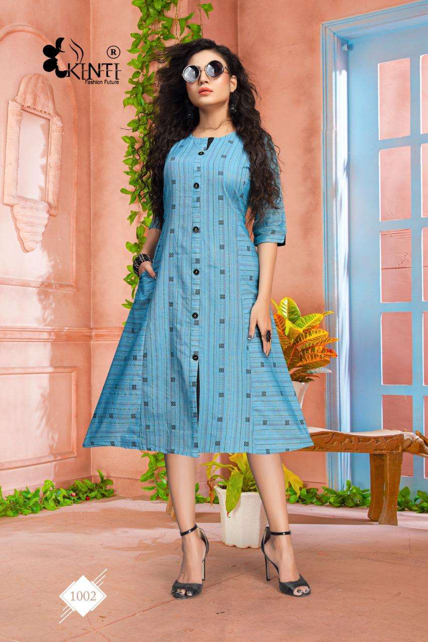 BLUE HEELS BY KINTI 1001 TO 1008 SERIES DESIGNER STYLISH FANCY COLORFUL BEAUTIFUL PARTY WEAR & ETHNIC WEAR COLLECTION HANDLOOM WEAVING STRIP KURTIS AT WHOLESALE PRICE