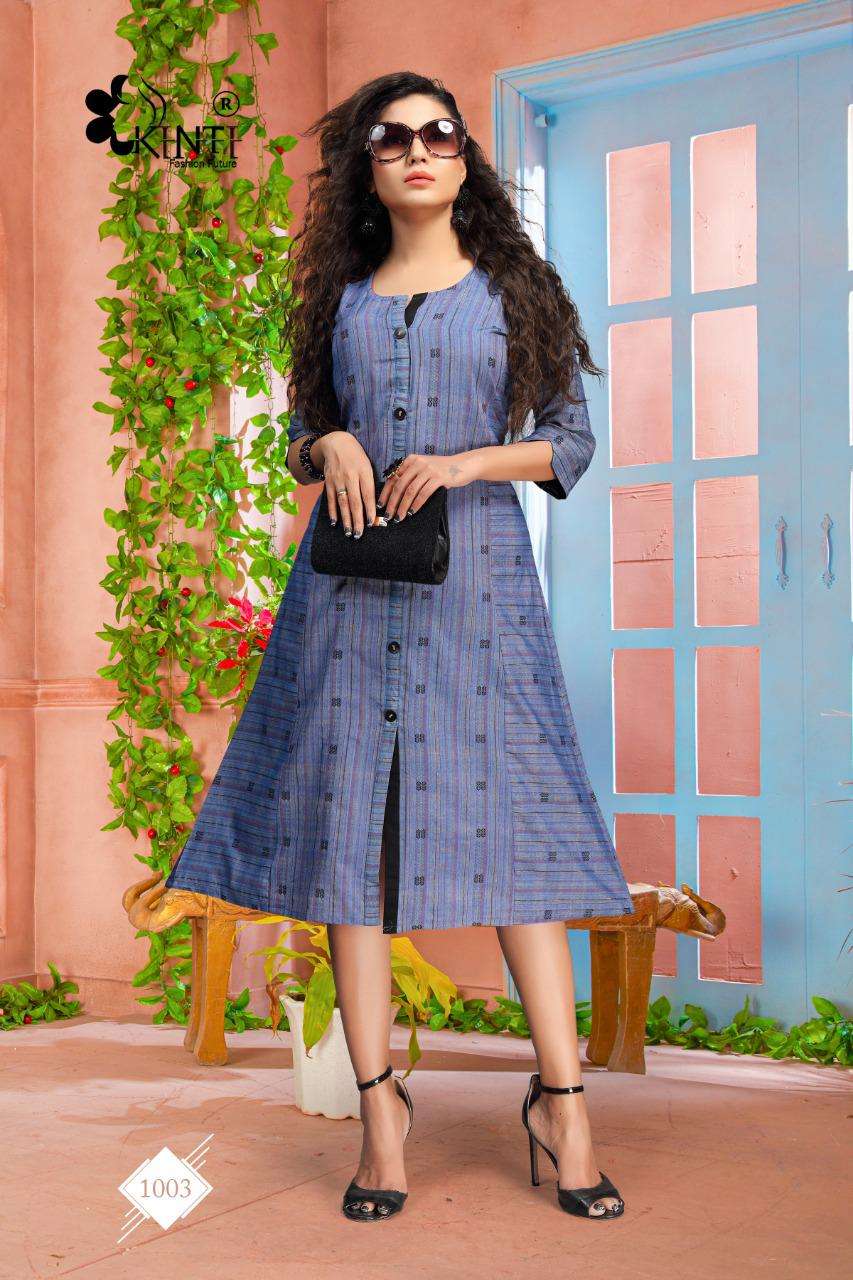 BLUE HEELS BY KINTI 1001 TO 1008 SERIES DESIGNER STYLISH FANCY COLORFUL BEAUTIFUL PARTY WEAR & ETHNIC WEAR COLLECTION HANDLOOM WEAVING STRIP KURTIS AT WHOLESALE PRICE