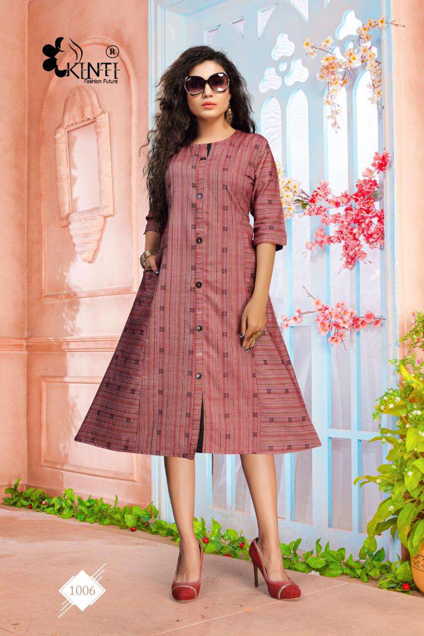 BLUE HEELS BY KINTI 1001 TO 1008 SERIES DESIGNER STYLISH FANCY COLORFUL BEAUTIFUL PARTY WEAR & ETHNIC WEAR COLLECTION HANDLOOM WEAVING STRIP KURTIS AT WHOLESALE PRICE