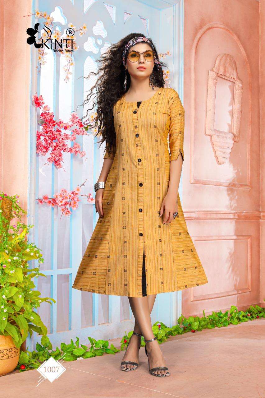 BLUE HEELS BY KINTI 1001 TO 1008 SERIES DESIGNER STYLISH FANCY COLORFUL BEAUTIFUL PARTY WEAR & ETHNIC WEAR COLLECTION HANDLOOM WEAVING STRIP KURTIS AT WHOLESALE PRICE