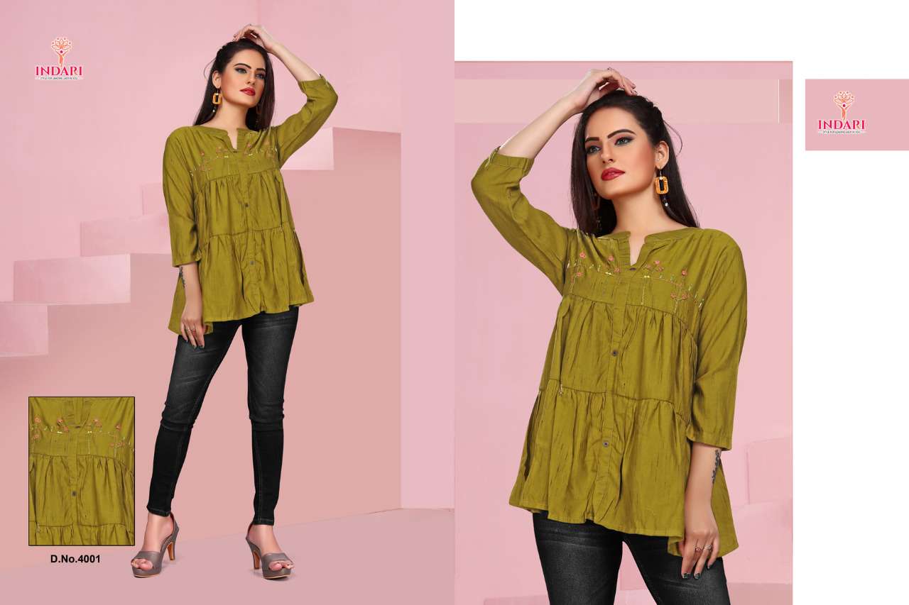 POM POM VOL-4 BY INDARI 4001 TO 4005 SERIES DESIGNER STYLISH FANCY COLORFUL BEAUTIFUL PARTY WEAR & ETHNIC WEAR COLLECTION RAYON HANDWORK TOPS AT WHOLESALE PRICE