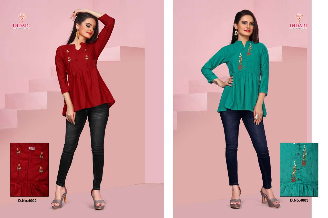 POM POM VOL-4 BY INDARI 4001 TO 4005 SERIES DESIGNER STYLISH FANCY COLORFUL BEAUTIFUL PARTY WEAR & ETHNIC WEAR COLLECTION RAYON HANDWORK TOPS AT WHOLESALE PRICE