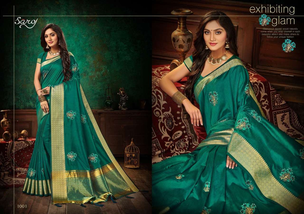 ASHWAGANDHA BY SAROJ 1001 TO 1006 SERIES INDIAN TRADITIONAL WEAR COLLECTION BEAUTIFUL STYLISH FANCY COLORFUL PARTY WEAR & OCCASIONAL WEAR VICHITRA SILK SAREES AT WHOLESALE PRICE