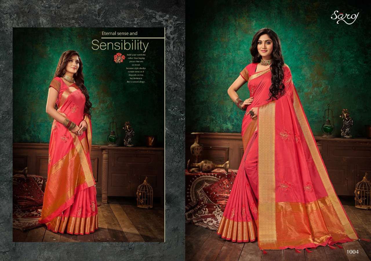 ASHWAGANDHA BY SAROJ 1001 TO 1006 SERIES INDIAN TRADITIONAL WEAR COLLECTION BEAUTIFUL STYLISH FANCY COLORFUL PARTY WEAR & OCCASIONAL WEAR VICHITRA SILK SAREES AT WHOLESALE PRICE