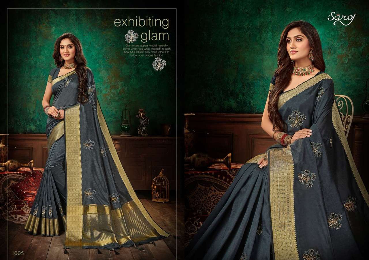 ASHWAGANDHA BY SAROJ 1001 TO 1006 SERIES INDIAN TRADITIONAL WEAR COLLECTION BEAUTIFUL STYLISH FANCY COLORFUL PARTY WEAR & OCCASIONAL WEAR VICHITRA SILK SAREES AT WHOLESALE PRICE