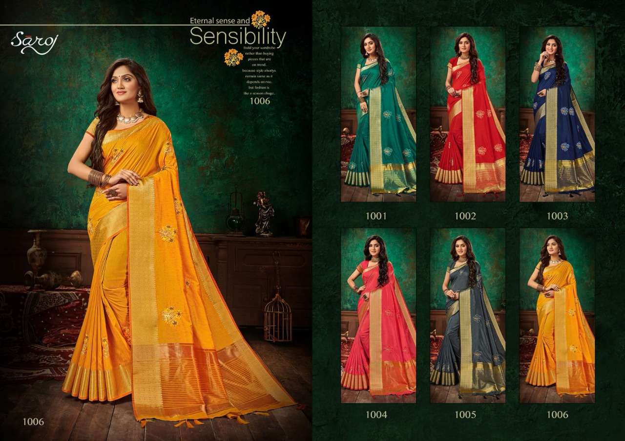 ASHWAGANDHA BY SAROJ 1001 TO 1006 SERIES INDIAN TRADITIONAL WEAR COLLECTION BEAUTIFUL STYLISH FANCY COLORFUL PARTY WEAR & OCCASIONAL WEAR VICHITRA SILK SAREES AT WHOLESALE PRICE