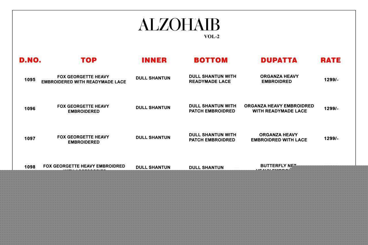 ALZOHAIB VOL-2 BY KHAYYIRA 1095 TO 1098 SERIES BEAUTIFUL SUITS STYLISH COLORFUL FANCY CASUAL WEAR & ETHNIC WEAR FAUX GEORGETTE EMBROIDERED DRESSES AT WHOLESALE PRICE