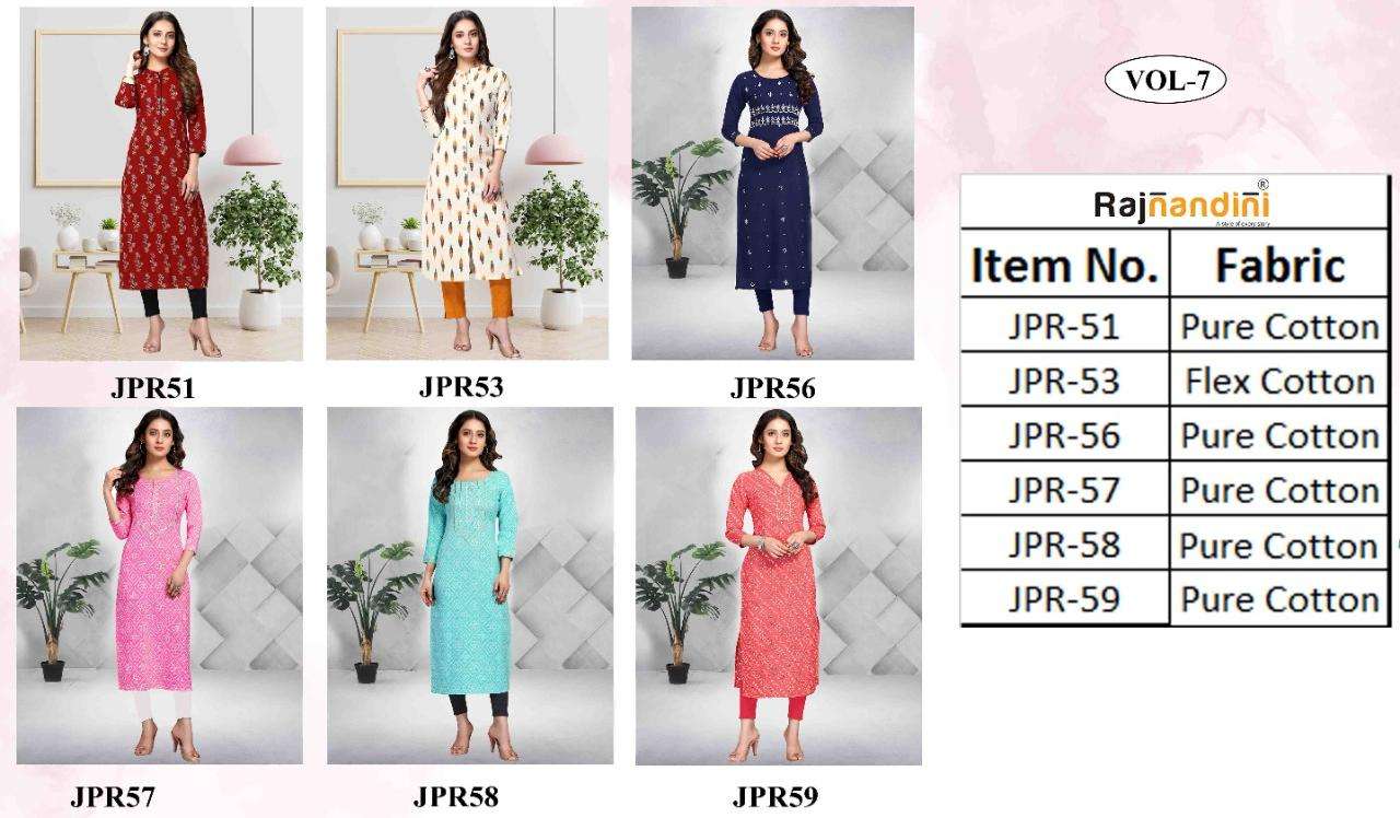 RAJNANDINI VOL-7 BY RAJNANDINI DESIGNER STYLISH FANCY COLORFUL BEAUTIFUL PARTY WEAR & ETHNIC WEAR COLLECTION PURE COTTON JAIPURI PRINT KURTIS AT WHOLESALE PRICE
