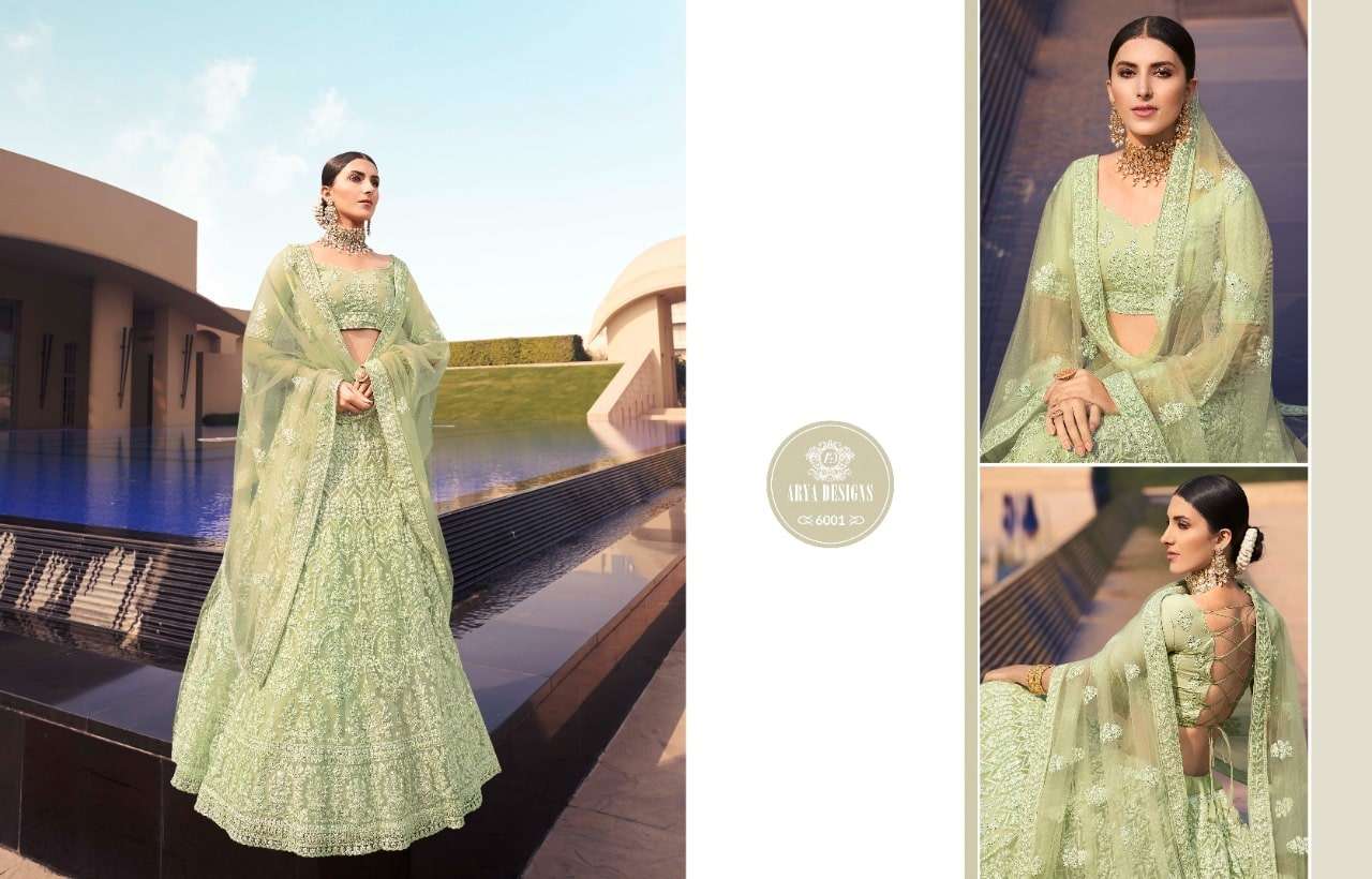 KHWAAB VOL-3 BY ARYA DESIGNS 6001 TO 6006 SERIES BEAUTIFUL COLORFUL FANCY WEDDING COLLECTION OCCASIONAL WEAR & PARTY WEAR SOFT NET LEHENGAS AT WHOLESALE PRICE