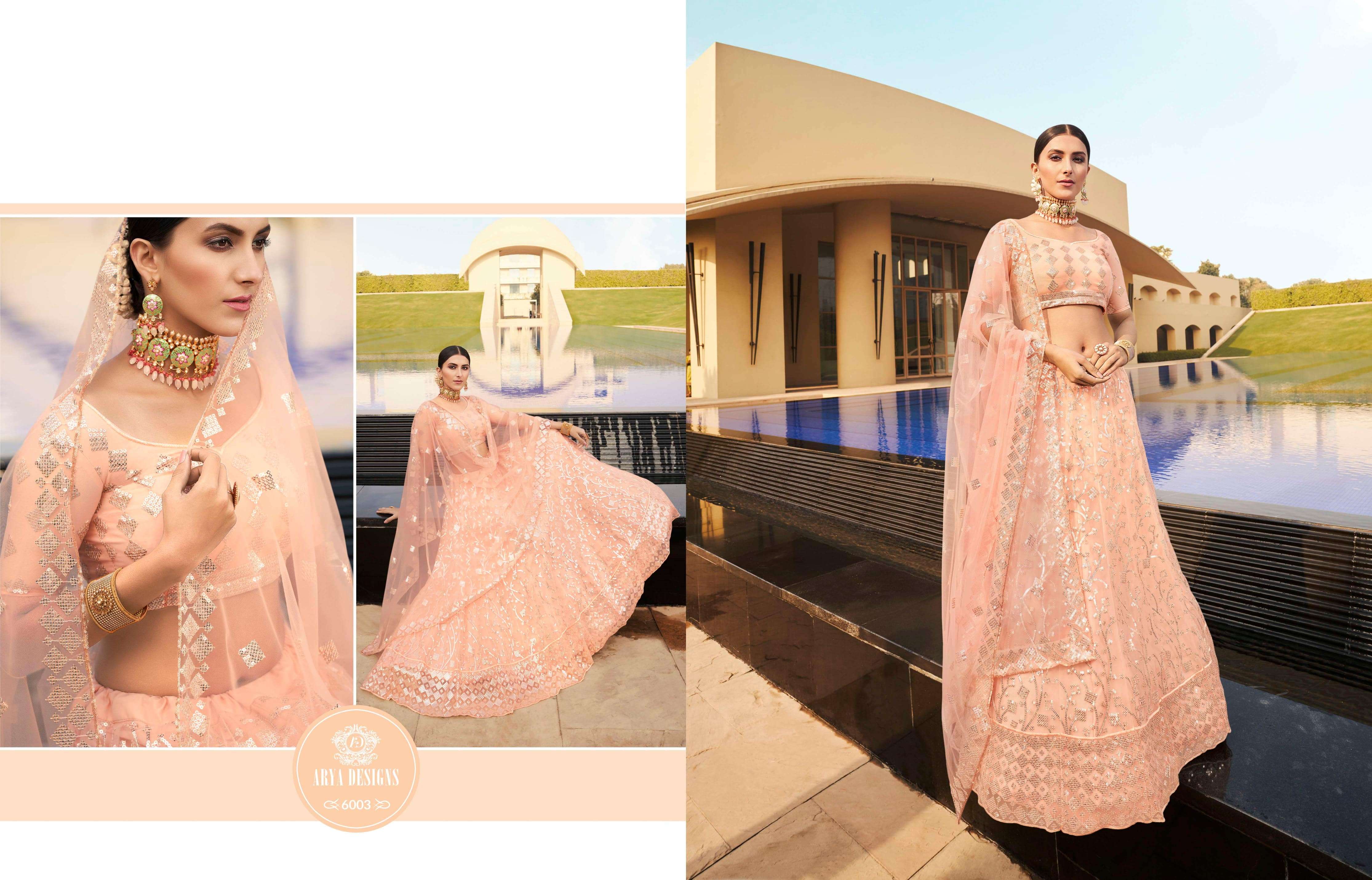 KHWAAB VOL-3 BY ARYA DESIGNS 6001 TO 6006 SERIES BEAUTIFUL COLORFUL FANCY WEDDING COLLECTION OCCASIONAL WEAR & PARTY WEAR SOFT NET LEHENGAS AT WHOLESALE PRICE