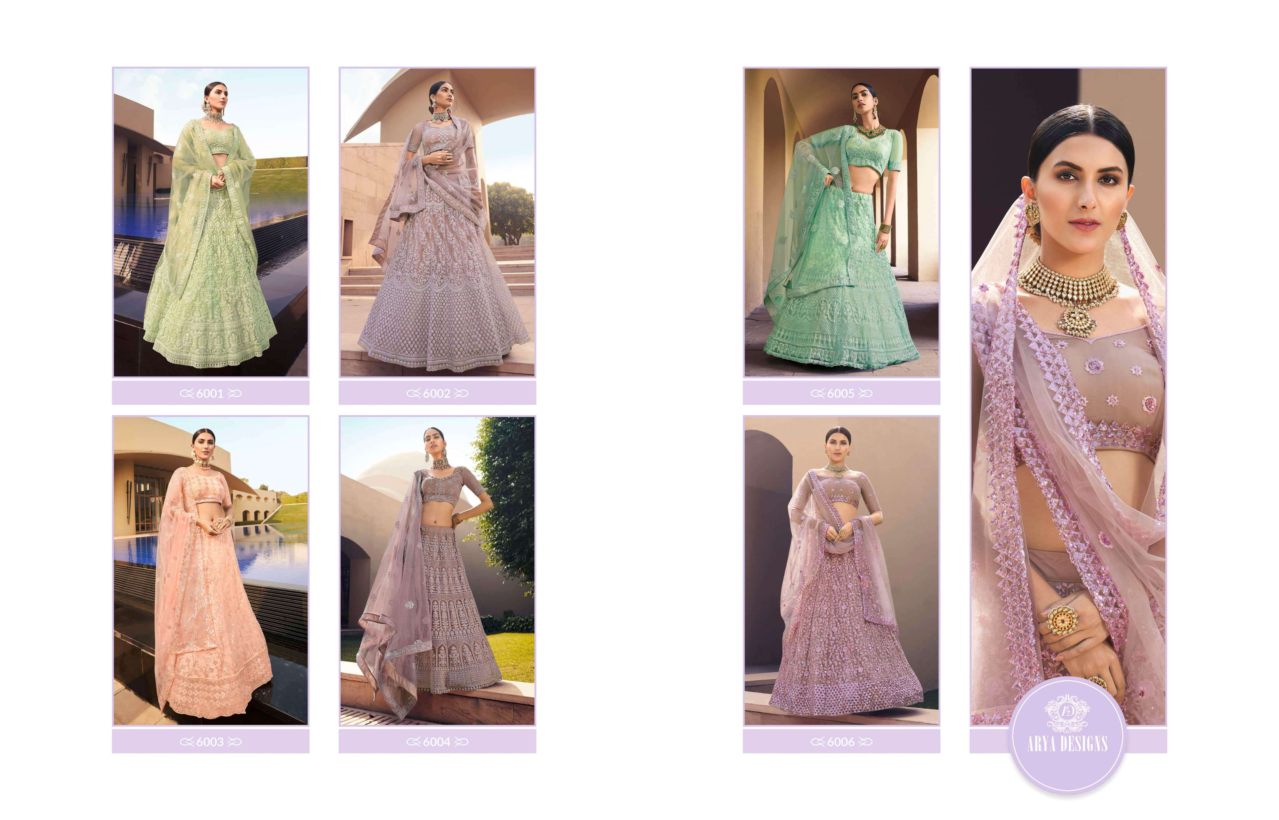 KHWAAB VOL-3 BY ARYA DESIGNS 6001 TO 6006 SERIES BEAUTIFUL COLORFUL FANCY WEDDING COLLECTION OCCASIONAL WEAR & PARTY WEAR SOFT NET LEHENGAS AT WHOLESALE PRICE