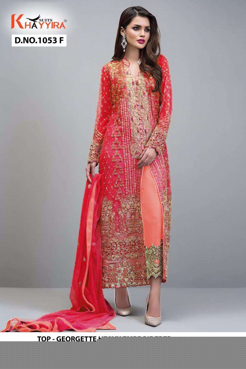 BLOCK BUSTER HITS BY KHAYYIRA 1053-F TO 1053-I SERIES BEAUTIFUL PAKISTANI SUITS COLORFUL STYLISH FANCY CASUAL WEAR & ETHNIC WEAR HEAVY GEORGETTE WITH EMBROIDERY DRESSES AT WHOLESALE PRICE