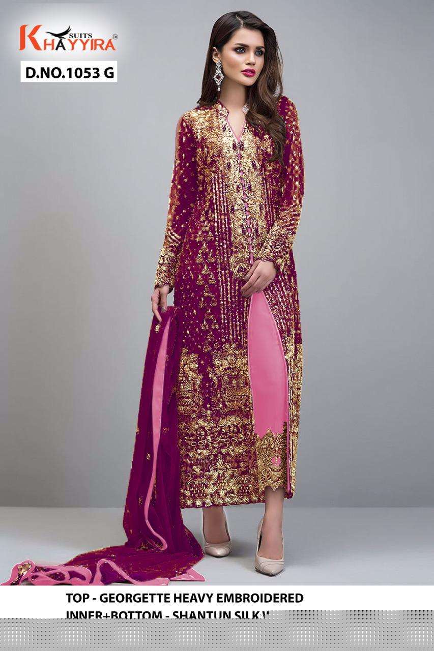 BLOCK BUSTER HITS BY KHAYYIRA 1053-F TO 1053-I SERIES BEAUTIFUL PAKISTANI SUITS COLORFUL STYLISH FANCY CASUAL WEAR & ETHNIC WEAR HEAVY GEORGETTE WITH EMBROIDERY DRESSES AT WHOLESALE PRICE