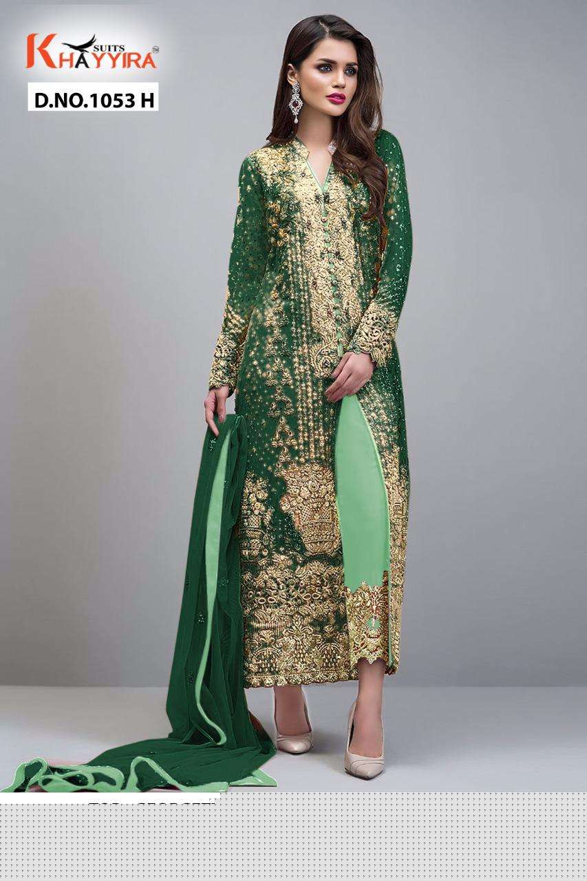 BLOCK BUSTER HITS BY KHAYYIRA 1053-F TO 1053-I SERIES BEAUTIFUL PAKISTANI SUITS COLORFUL STYLISH FANCY CASUAL WEAR & ETHNIC WEAR HEAVY GEORGETTE WITH EMBROIDERY DRESSES AT WHOLESALE PRICE