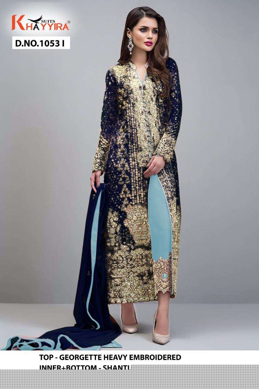 BLOCK BUSTER HITS BY KHAYYIRA 1053-F TO 1053-I SERIES BEAUTIFUL PAKISTANI SUITS COLORFUL STYLISH FANCY CASUAL WEAR & ETHNIC WEAR HEAVY GEORGETTE WITH EMBROIDERY DRESSES AT WHOLESALE PRICE