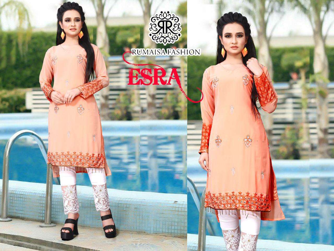 ESRA BY RUMAISHA FASHION 01 TO 02 SERIES DESIGNER STYLISH FANCY COLORFUL BEAUTIFUL PARTY WEAR & ETHNIC WEAR COLLECTION FAUX GEORGETTE EMBROIDERY KURTIS WITH BOTTOM AT WHOLESALE PRICE