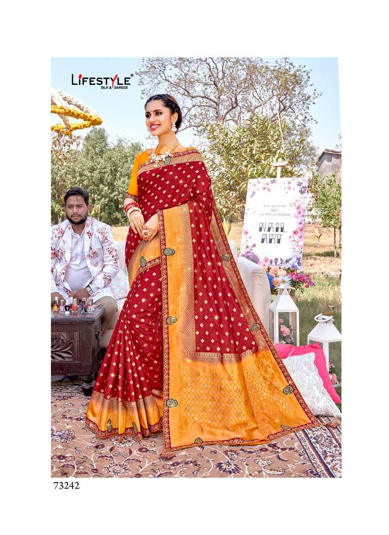 SAGAI BY LIFESTYLE 73241 TO 73246 SERIES INDIAN TRADITIONAL WEAR COLLECTION BEAUTIFUL STYLISH FANCY COLORFUL PARTY WEAR & OCCASIONAL WEAR NYLON SAREES AT WHOLESALE PRICE