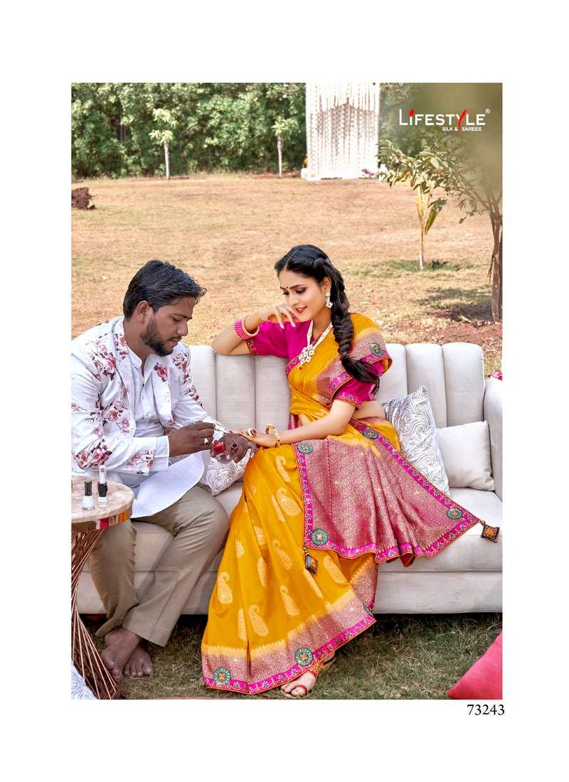 SAGAI BY LIFESTYLE 73241 TO 73246 SERIES INDIAN TRADITIONAL WEAR COLLECTION BEAUTIFUL STYLISH FANCY COLORFUL PARTY WEAR & OCCASIONAL WEAR NYLON SAREES AT WHOLESALE PRICE