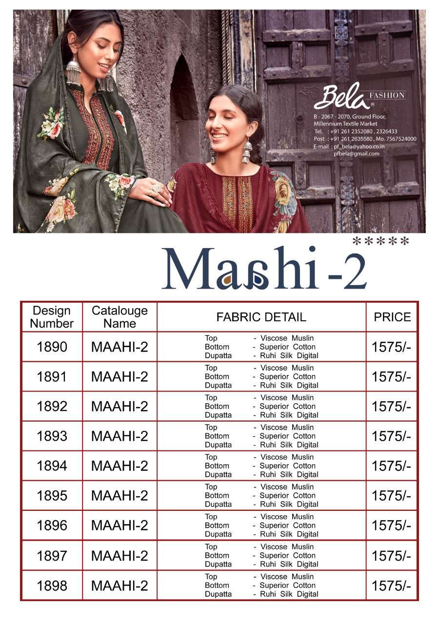 MASHI VOL-2 BY BELA FASHION 1890 TO 1898 SERIES BEAUTIFUL STYLISH SUITS FANCY COLORFUL CASUAL WEAR & ETHNIC WEAR & READY TO WEAR VISCOSE MUSLIN DRESSES AT WHOLESALE PRICE