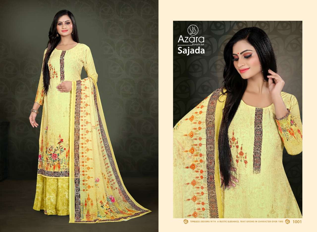 SAJADA BY AZARA 1001 TO 1004 SERIES BEAUTIFUL SUITS COLORFUL STYLISH FANCY CASUAL WEAR & ETHNIC WEAR PURE CREPE DIGITAL PRINT WITH DIAMOND WORK DRESSES AT WHOLESALE PRICE