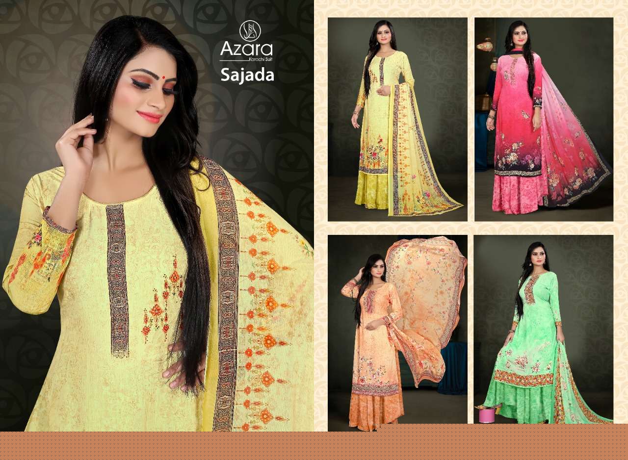 SAJADA BY AZARA 1001 TO 1004 SERIES BEAUTIFUL SUITS COLORFUL STYLISH FANCY CASUAL WEAR & ETHNIC WEAR PURE CREPE DIGITAL PRINT WITH DIAMOND WORK DRESSES AT WHOLESALE PRICE