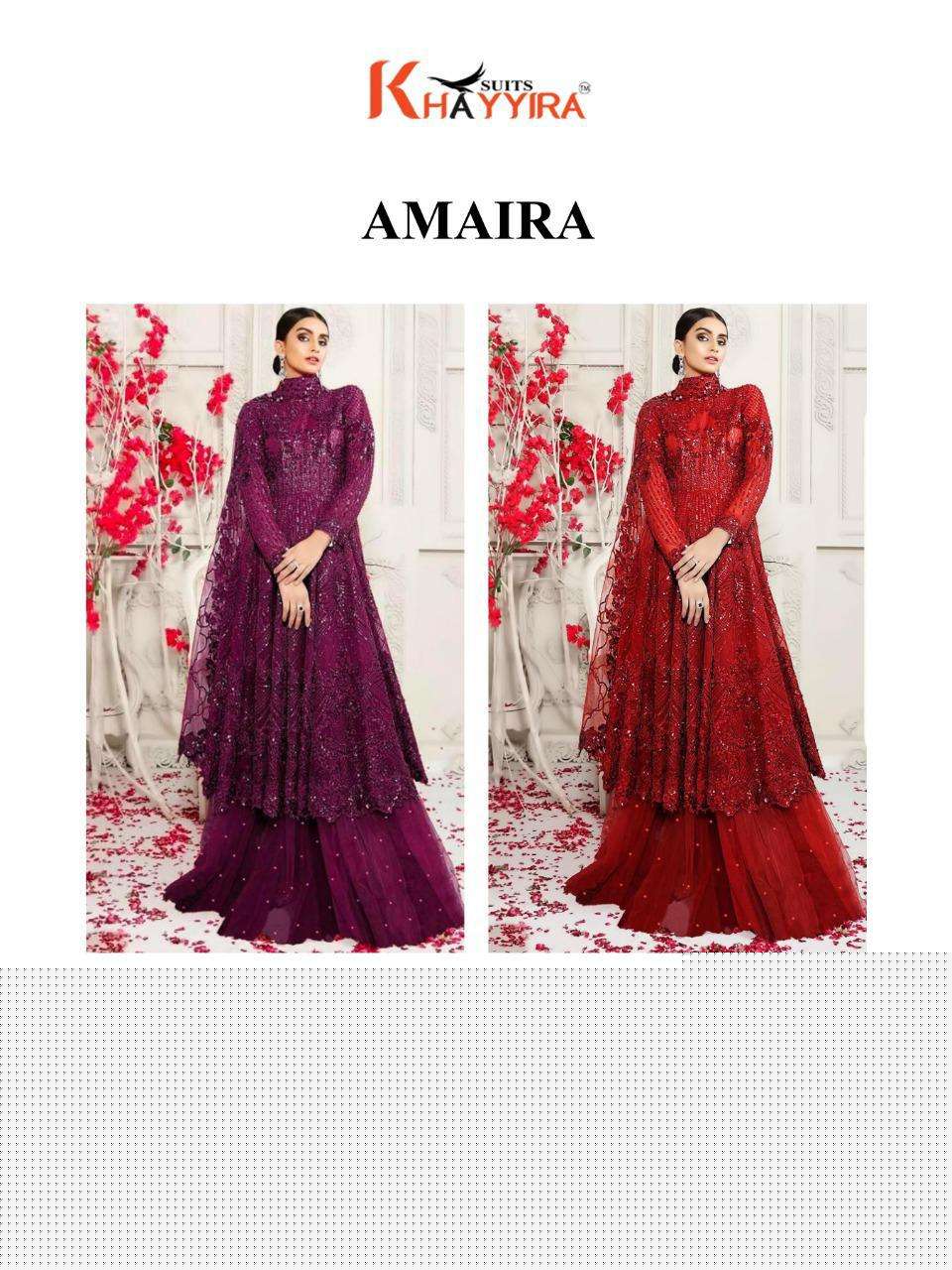 AMAIRA BY KHAYYIRA 2000-A TO 2000-D SERIES DESIGNER PAKISTANI SUITS COLLECTION BEAUTIFUL STYLISH FANCY COLORFUL PARTY WEAR & OCCASIONAL WEAR HEAVY BUTTERFLY NET EMBROIDERED DRESSES AT WHOLESALE PRICE