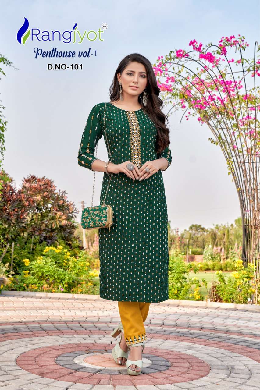 Penthouse Vol-1 By Rangjyot Fashion 101 To 108 Series Beautiful Stylish Fancy Colorful Casual Wear & Ethnic Wear & Ready To Wear Heavy Rayon Slub Print Kurtis With Bottom At Wholesale Price